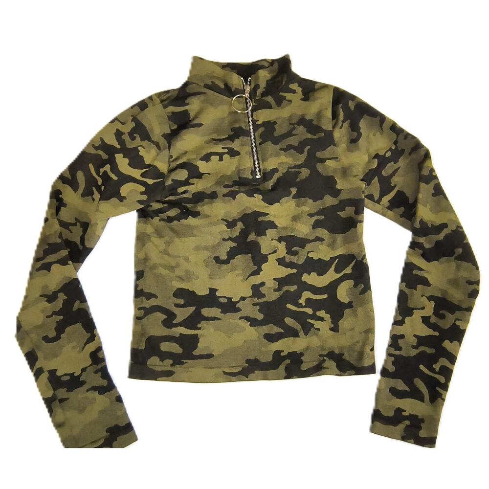 90s Girls 1/4 Zip Collared Long Sleeve Camo Print Top Outdoor Brown Size S G001 - Picture 2 of 5